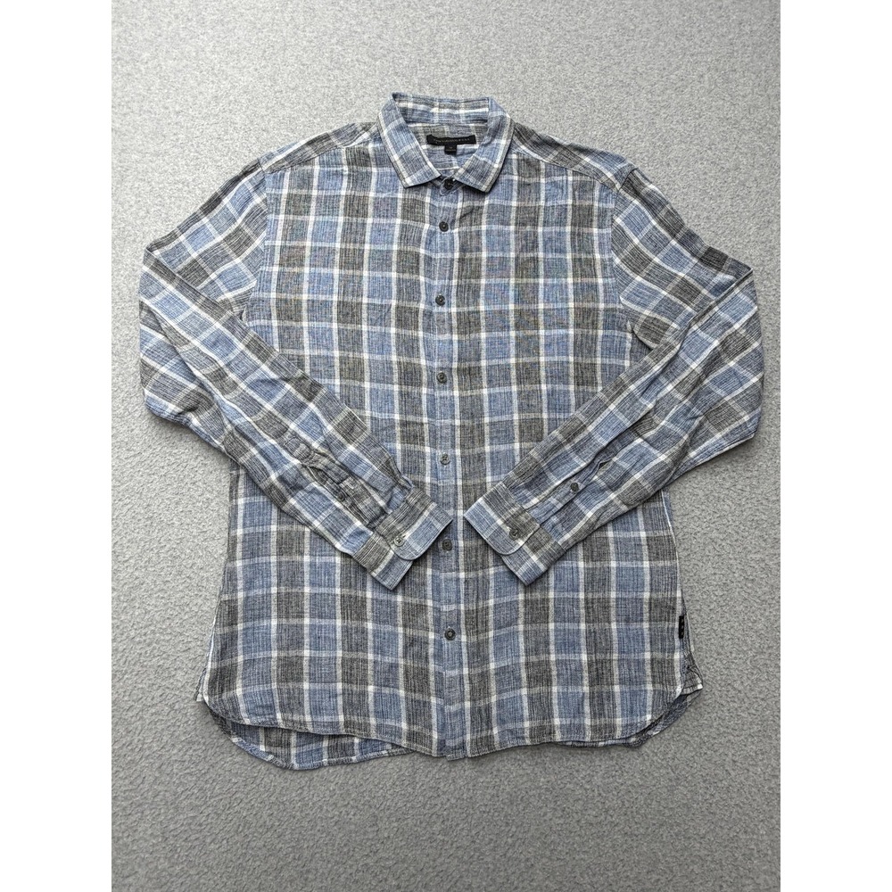 John Varvatos U.S.A. Shirt Mens‎ Medium Blue Gray Plaid Linen Button Up Casual
